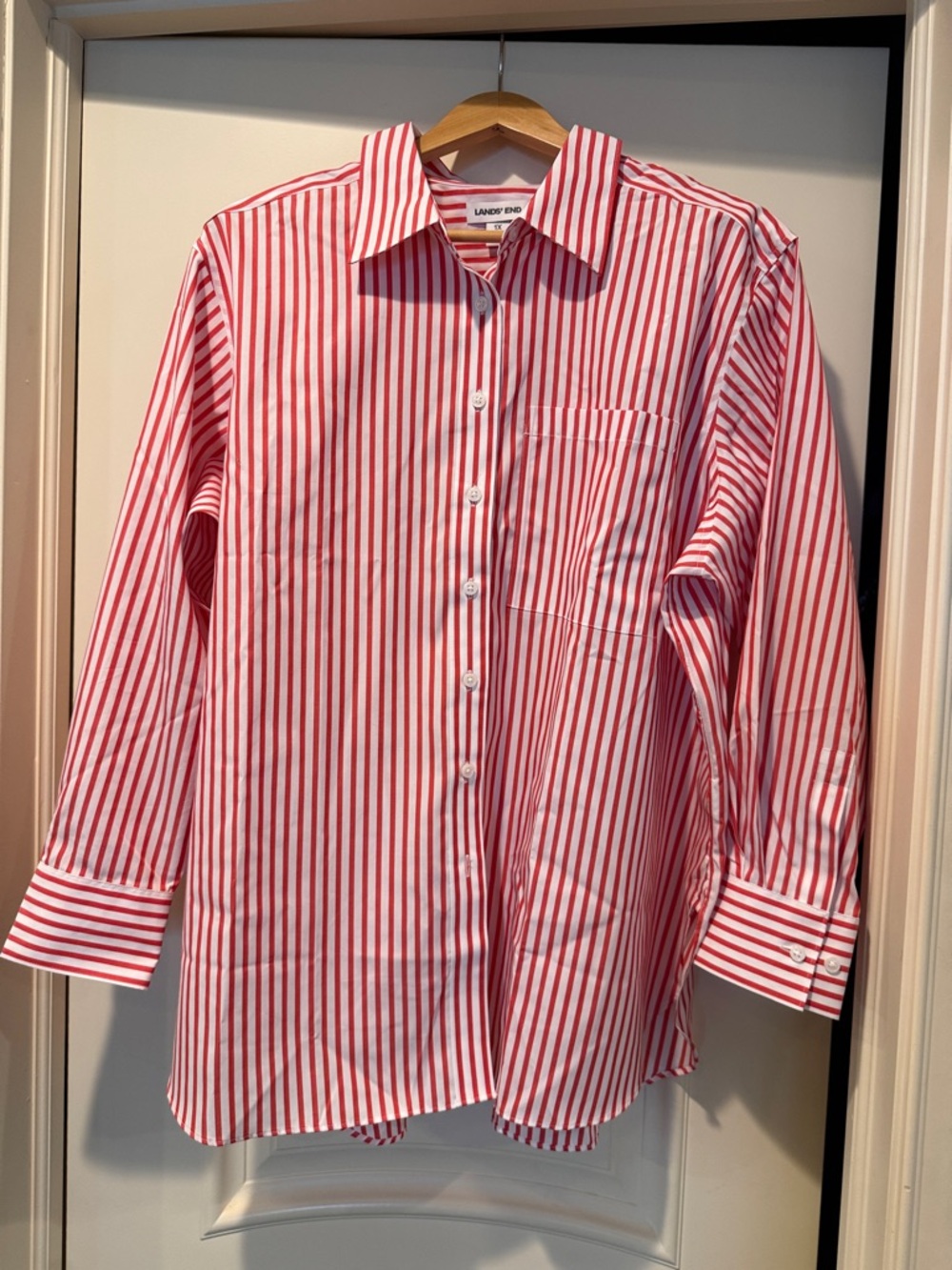 Lands' End Apple Blossom and White Striped Button-Down Shirt